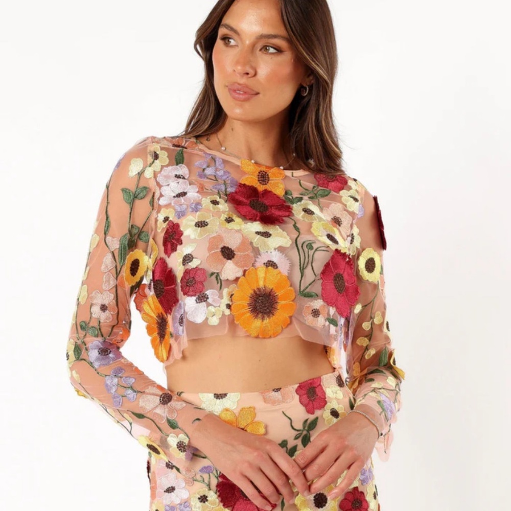 Petal & Pup Floral Embroidered Sheer Crop Top in Multi